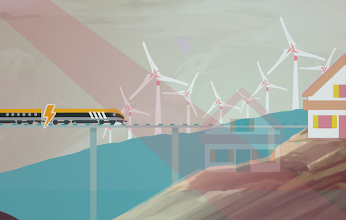 A stylized electric train drives past wind turbines.
