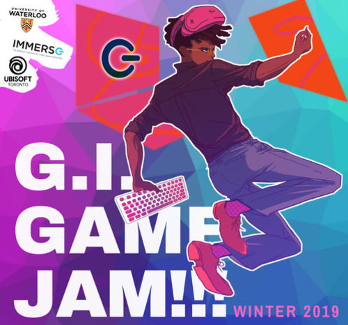 A young hacker-type gamer armed with a pencil and computer keyboard jumps over the &quot;GI Game Jam&quot; logo.