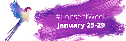 Consent Week banner featuring a purple bird.