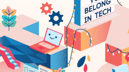 A stylized banner with the phrase &quot;you belong in tech.&quot;