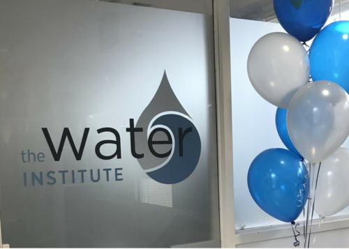 The entrance to the Water Institute with balloons.