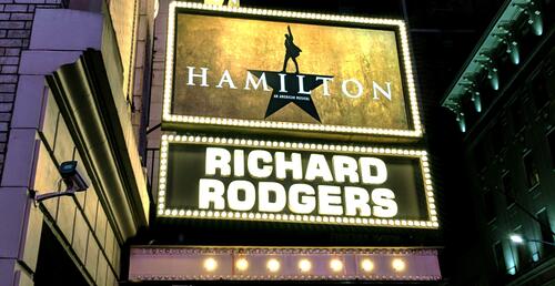 A theatre marquee advertising the musical Hamilton.