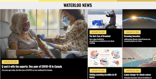 A screenshot of the Waterloo News page with various stories.