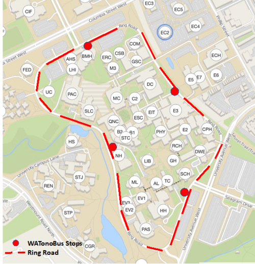 A map of the University's ring road showing the WatonoBus stops.