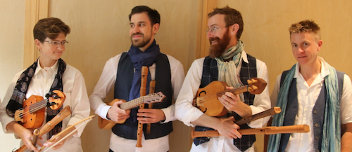 The four members of the Anima ensemble with medieval instruments.