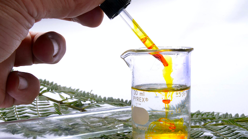 A close-up of a scientist using a dropper to drip orange liquid into a clear fluid in a pyrex flask.