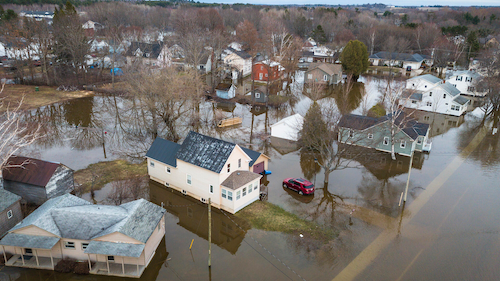 A flooded suburban landscape.