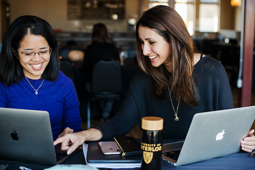 Two women work together on laptops.