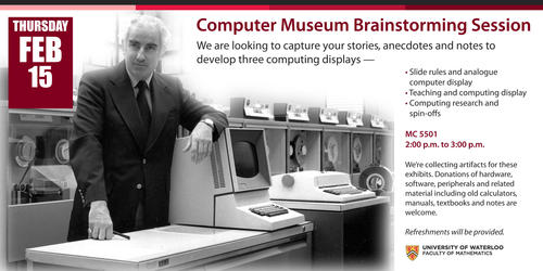 A Computer Museum Brainstorming Banner featuring an image of Wes Graham standing next to a bank of computers.
