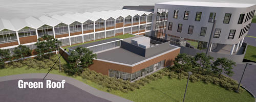 A digital rendering of the expanded kitchen facility at Conrad Grebel showing its green roof.