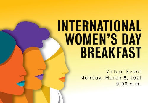 International Women's Day Breakfast banner featuring illustrated women in profile.