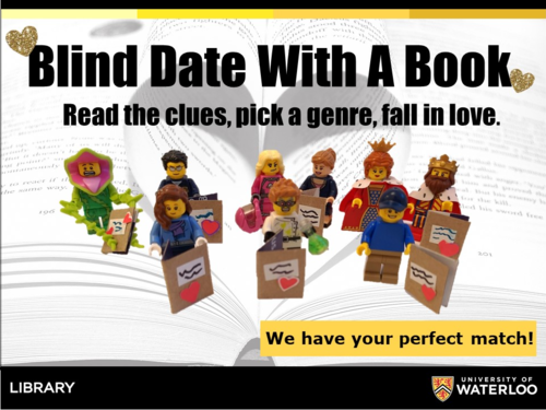 Blind Date with a Book banner featuring Lego minifigs with books.