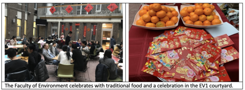 A collage of images from a Lunar New Year celebration in the Environment courtyard.