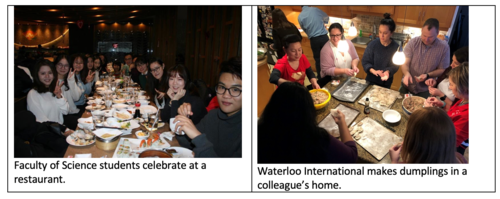 Science students celebrate in a restaurant while Waterloo International reps cook dumplings.