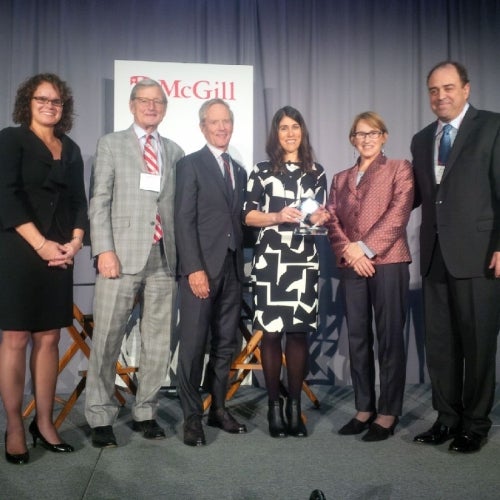 Marianne Harrison, President and CEO of Manulife Canada, Michael Meighen, Chancellor of McGill University, Lawrence Bloomberg, Waterloo Professor Lora Giangregorio, Suzanne Fortier, Principal and Vice-Chancellor of McGill, and Dilson Rassier, Dean, Faculty of Education at McGill.