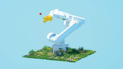 An illustration of an industrial robot with a flower in its 'hand'