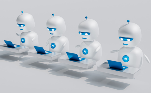 A phalanx of humanoid robots with &quot;AI&quot; badges on them operate computers.