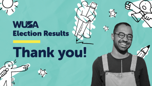 A WUSA election thank-you graphic with cartoon illustrations and a smiling male student.