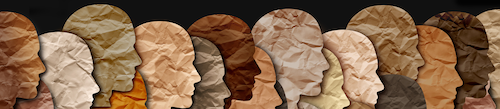 A decoupage-style collage of human faces in profile made from different shades of paper.