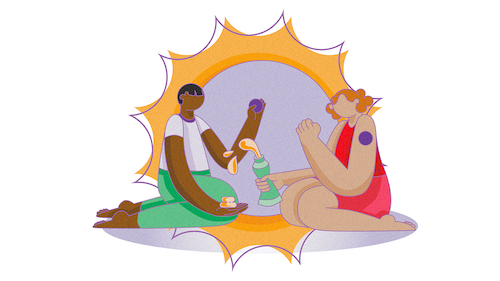 A cartoon illustration of two people with a Suncayr patch. One woman is squirting sunblock from a tube.