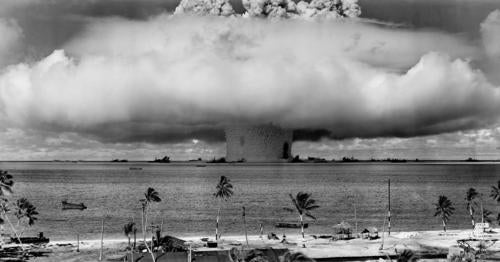 An image of the Baker atomic bomb test in the Marshall Islands in 1946 showing the mushroom cloud and water column.