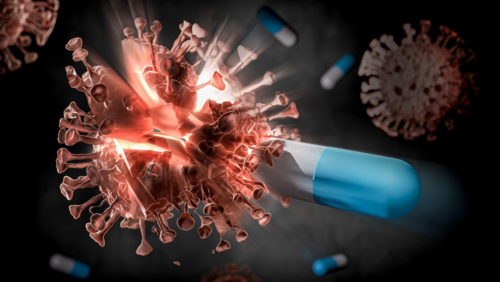 An artist's impression of a micro-drug attacking a virus.