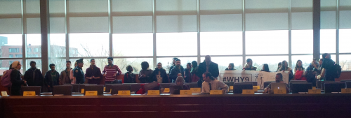 A student delegation at the University Senate meeting on Monday.