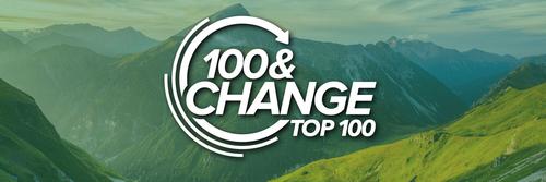 100 change logo on a green, mountainous background