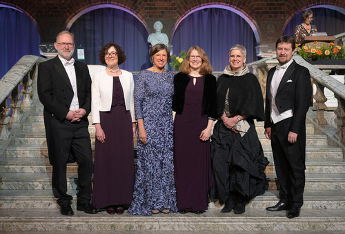  Dag Fjeld, Sally Shortall, Pamela Ronald, Jennifer Clapp, Beatrix Alsanius, and Marius Masiulis. Not pictured here is Maria Brickhaus. Photo courtesy of the Swedish Royal Academy of Agriculture and Forestry.