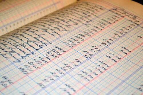 A financial ledger open to show sums.