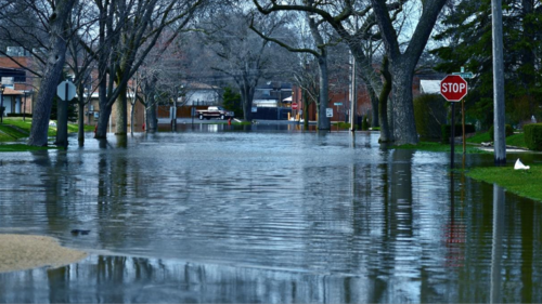 A flooded city street.