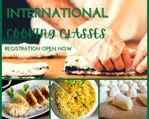 International Cooking Class banner image showing food being prepared.