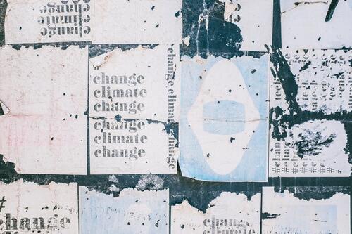 A mosaic of tiles, some that read &quot;climate change&quot;