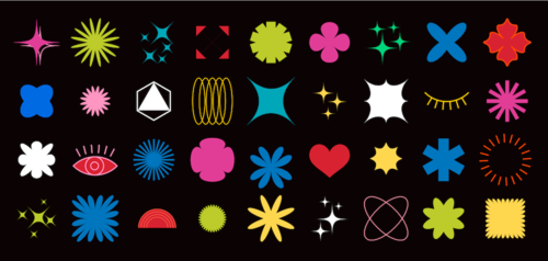 A collage of colourful shapes against a black background. 