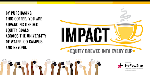 Impact Coffee banner with a diverse number of arms holding up coffee mugs.