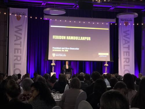 Feridun Hamdullahpur provides opening remarks at the International Women's Day Dinner at Fed Hall.