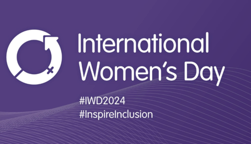 International Women's Day banner in purple with the female icon logo.