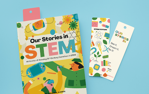 The cover of the book &quot;Our Stories in STEM&quot; as well as bookmarks.