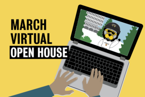 March Virtual Open House graphic showing a person using a laptop.