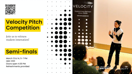 Velocity Pitch Competition banner featuring a presenter on stage.