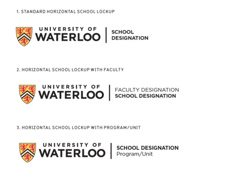 Image showing three use cases for the University's updated logo architecture.