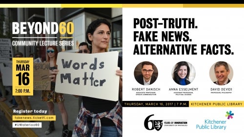 A woman holds a placard that says &quot;words matter.&quot; Fake News panel image.
