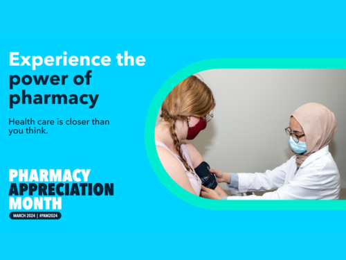 Pharmacy Appreciation Month banner featuring a pharmacist giving a patient an injection.