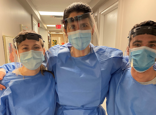 Dani Thomas, Angie Puim, and Matt Lecours in PPE gear and face shields.