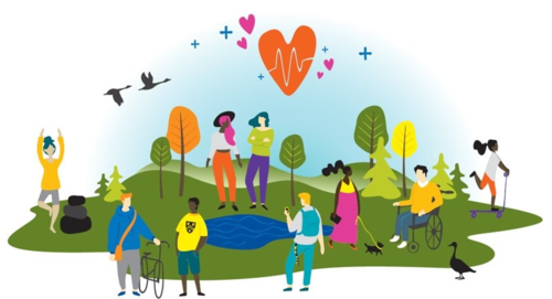 An illustration of people wearing University of Waterloo branded clothing engaged in wellbeing activities.