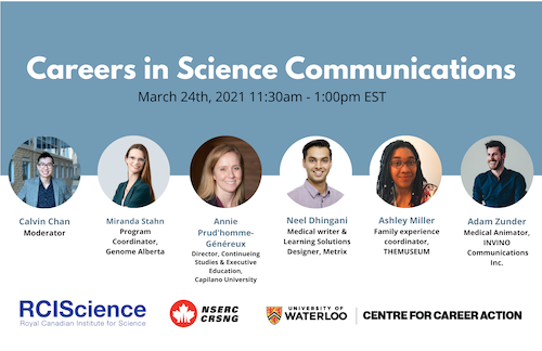 Careers in Science Communication banner with images of the panel participants.