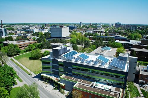 An aerial view of campus showing EV3's rooftop solar panels.