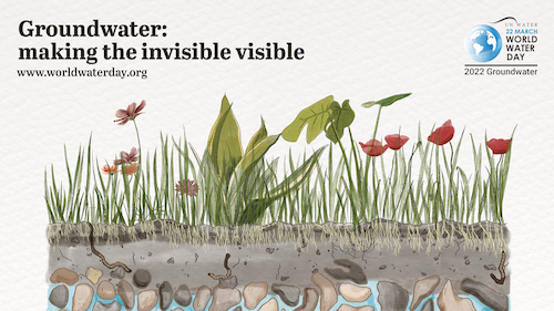 World Water Day 2022 banner image showing an illustration of grass, soil and groundwater.