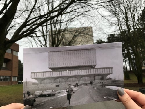 A contemporary photo of the Dana Porter Library with an older photo of Dana Porter superimposed.