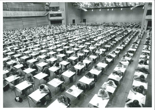 Students write exams in the Physical Activities Complex circa 1975.